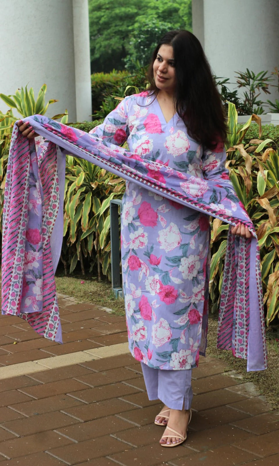 Lavender Floral Printed Kurta Set with Dupatta for Women