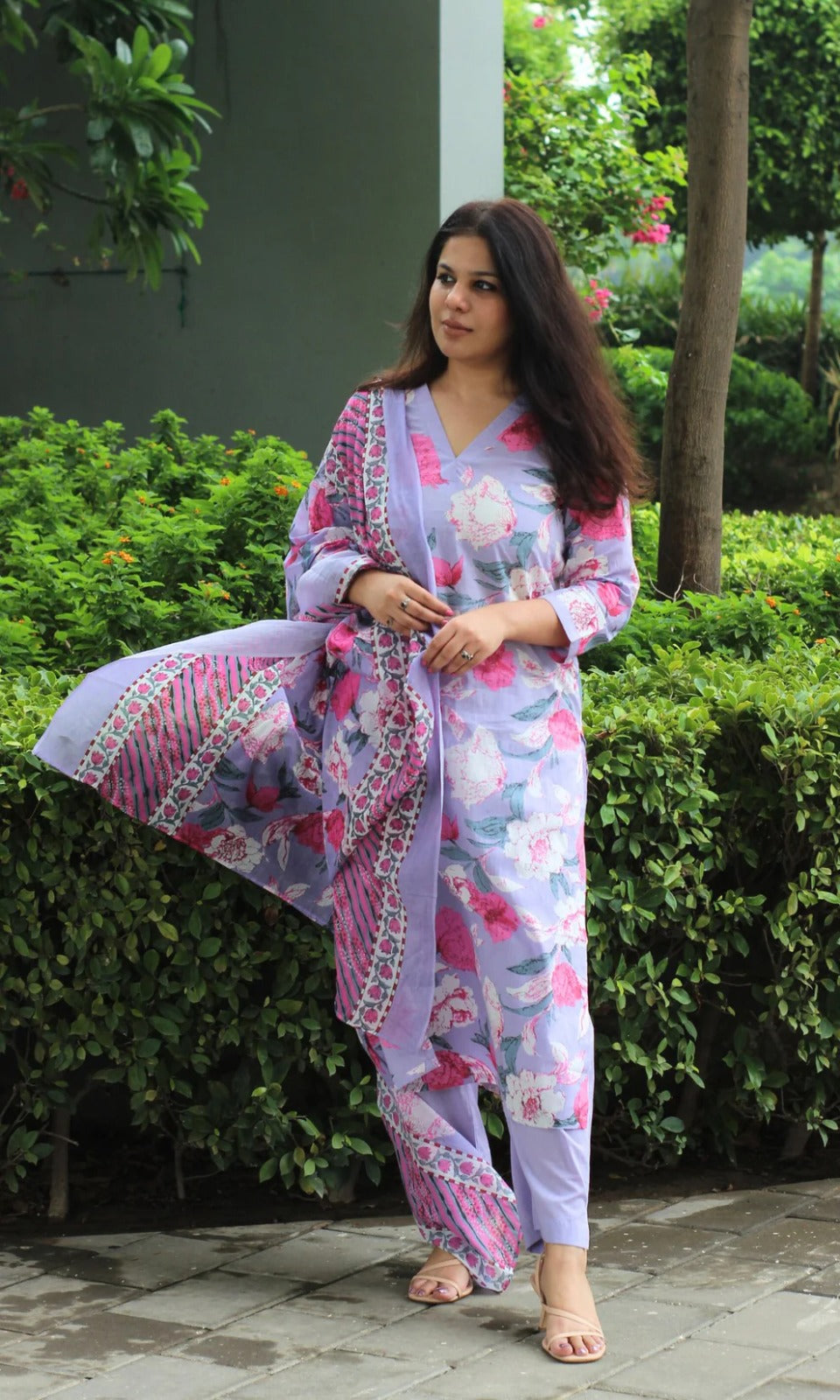Lavender Floral Printed Kurta Set with Dupatta for Women