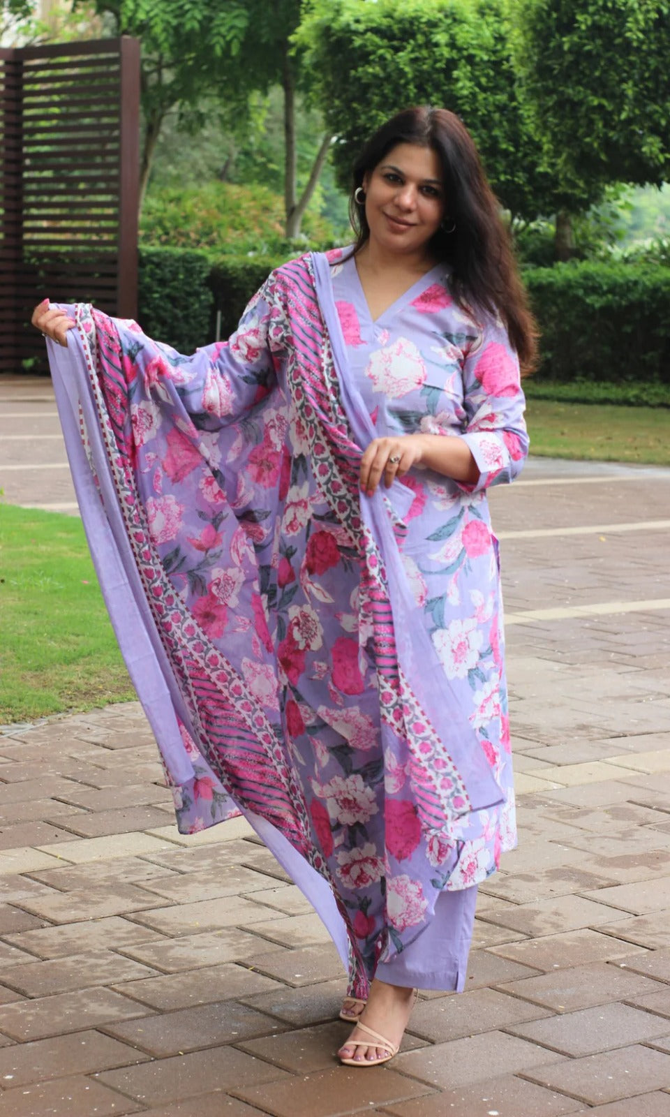 Lavender Floral Printed Kurta Set with Dupatta for Women