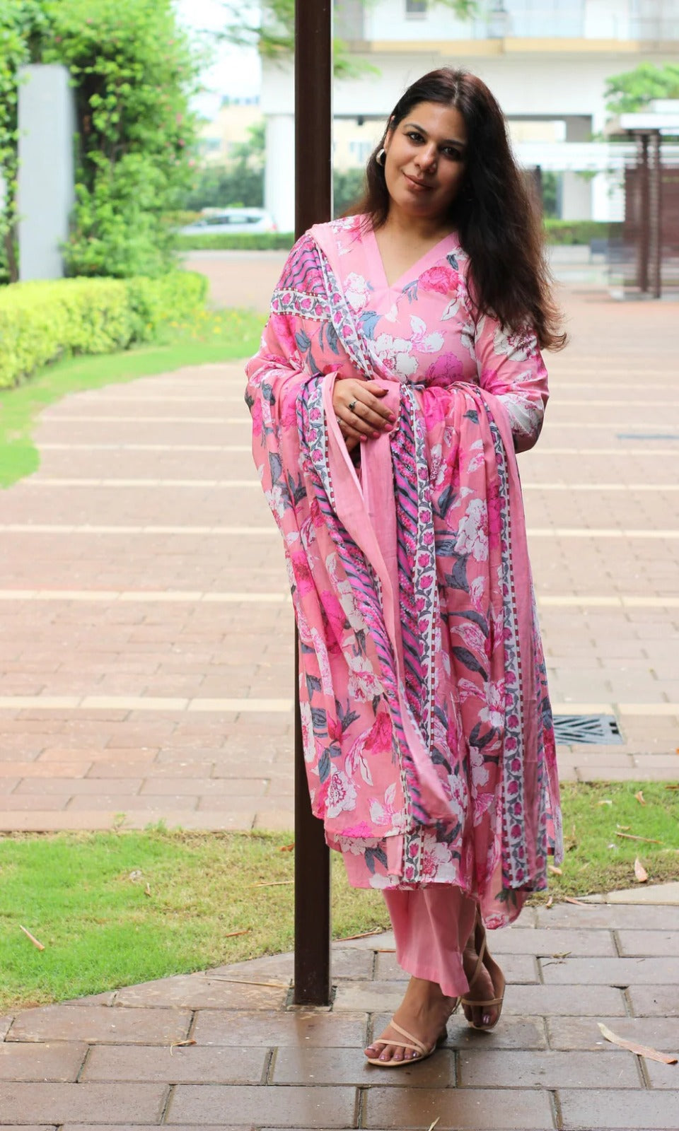 Blush Pink Floral Printed Kurta Set with Dupatta for Women
