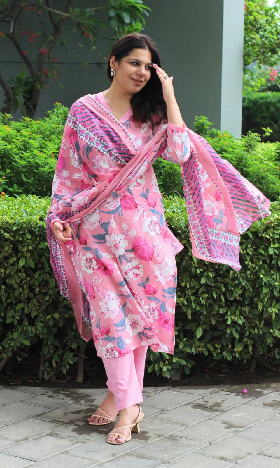 Blush Pink Floral Printed Kurta Set with Dupatta for Women