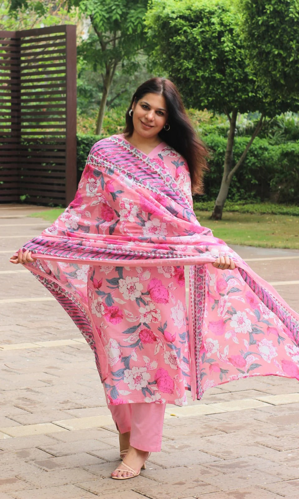 Blush Pink Floral Printed Kurta Set with Dupatta for Women