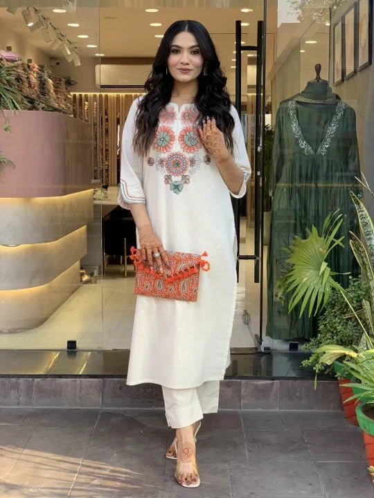 Premium Khadi Cotton Embroidered Kurta Pant Set for Women