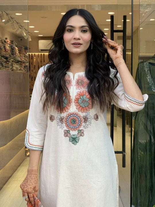Premium Khadi Cotton Embroidered Kurta Pant Set for Women