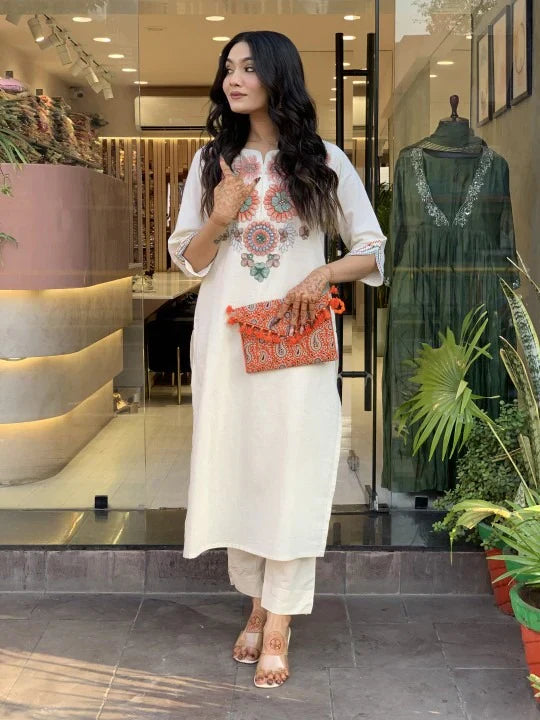 Premium Khadi Cotton Embroidered Kurta Pant Set for Women