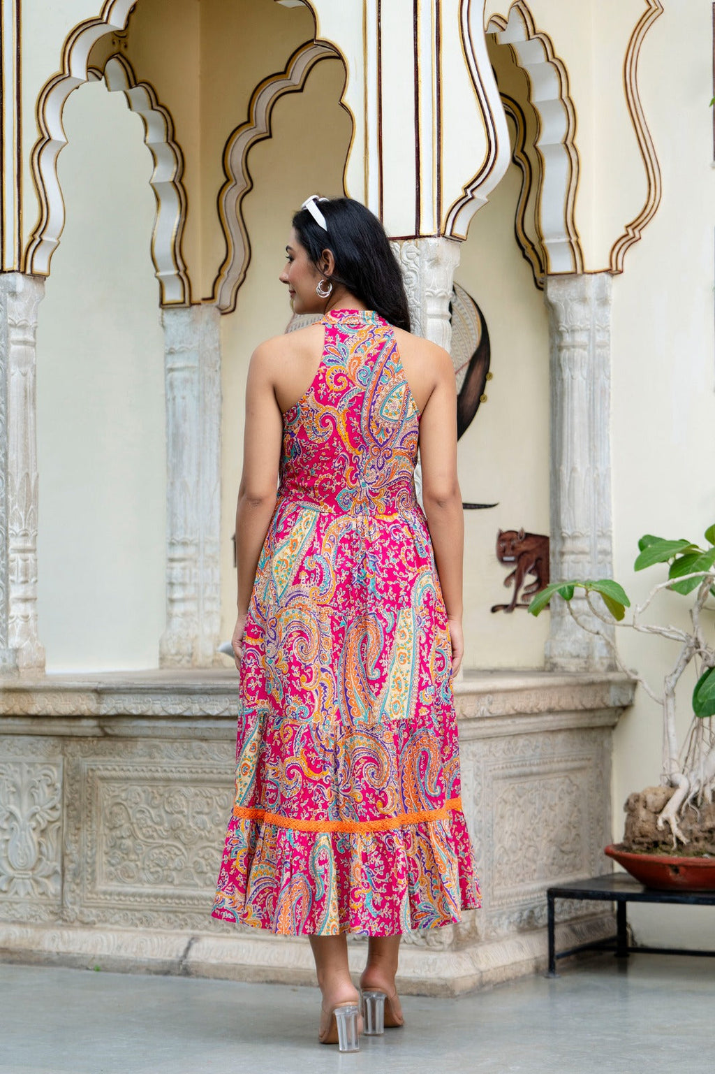 Mandana Pink Cotton Printed Midi Dress For Women