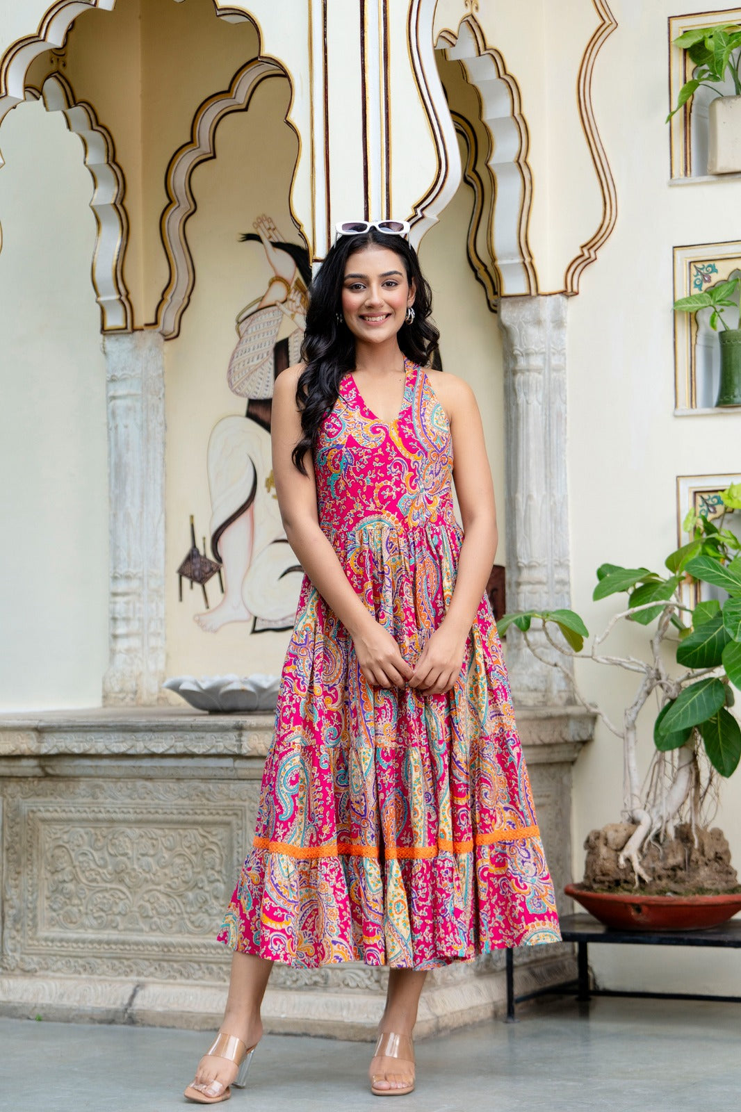 Mandana Pink Cotton Printed Midi Dress For Women
