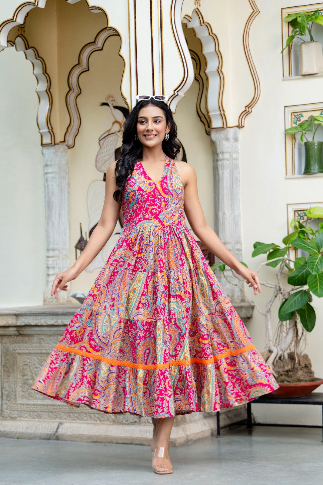 Mandana Pink Cotton Printed Midi Dress For Women