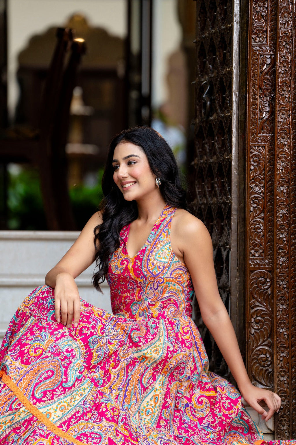 Mandana Pink Cotton Printed Midi Dress For Women