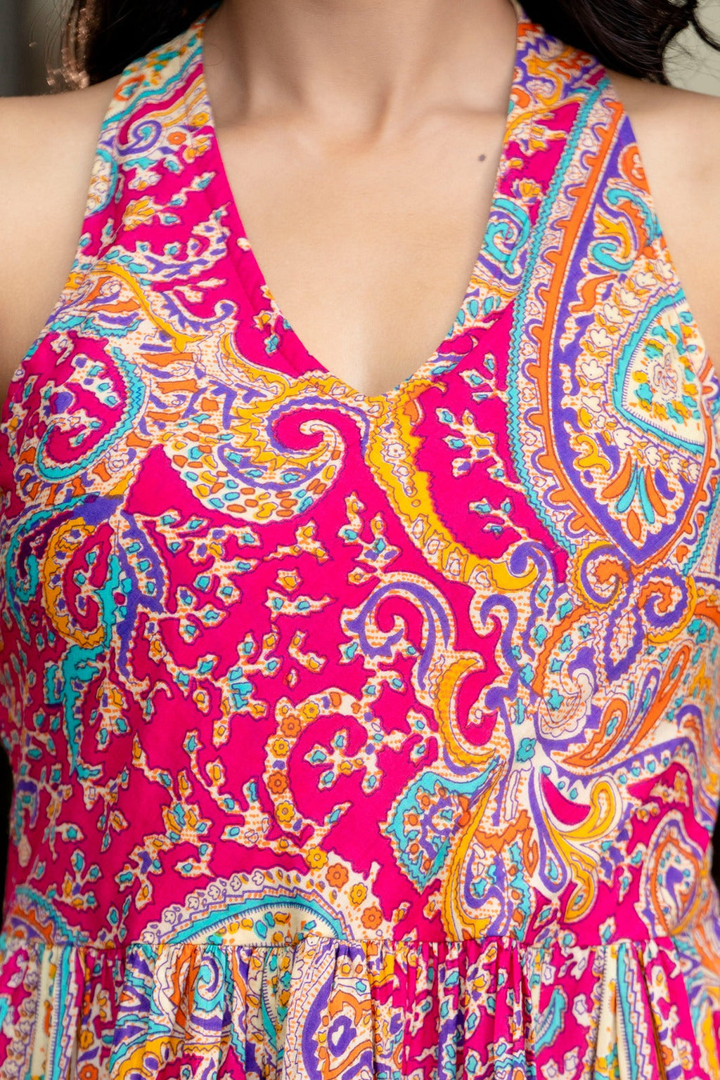 Mandana Pink Cotton Printed Midi Dress For Women