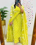 Lime Yellow Handblock Printed Kurta Set with Dupatta for Women