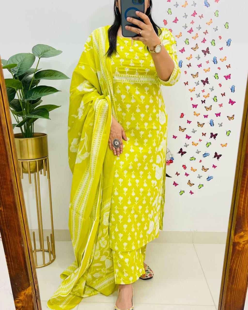 Lime Yellow Handblock Printed Kurta Set with Dupatta for Women