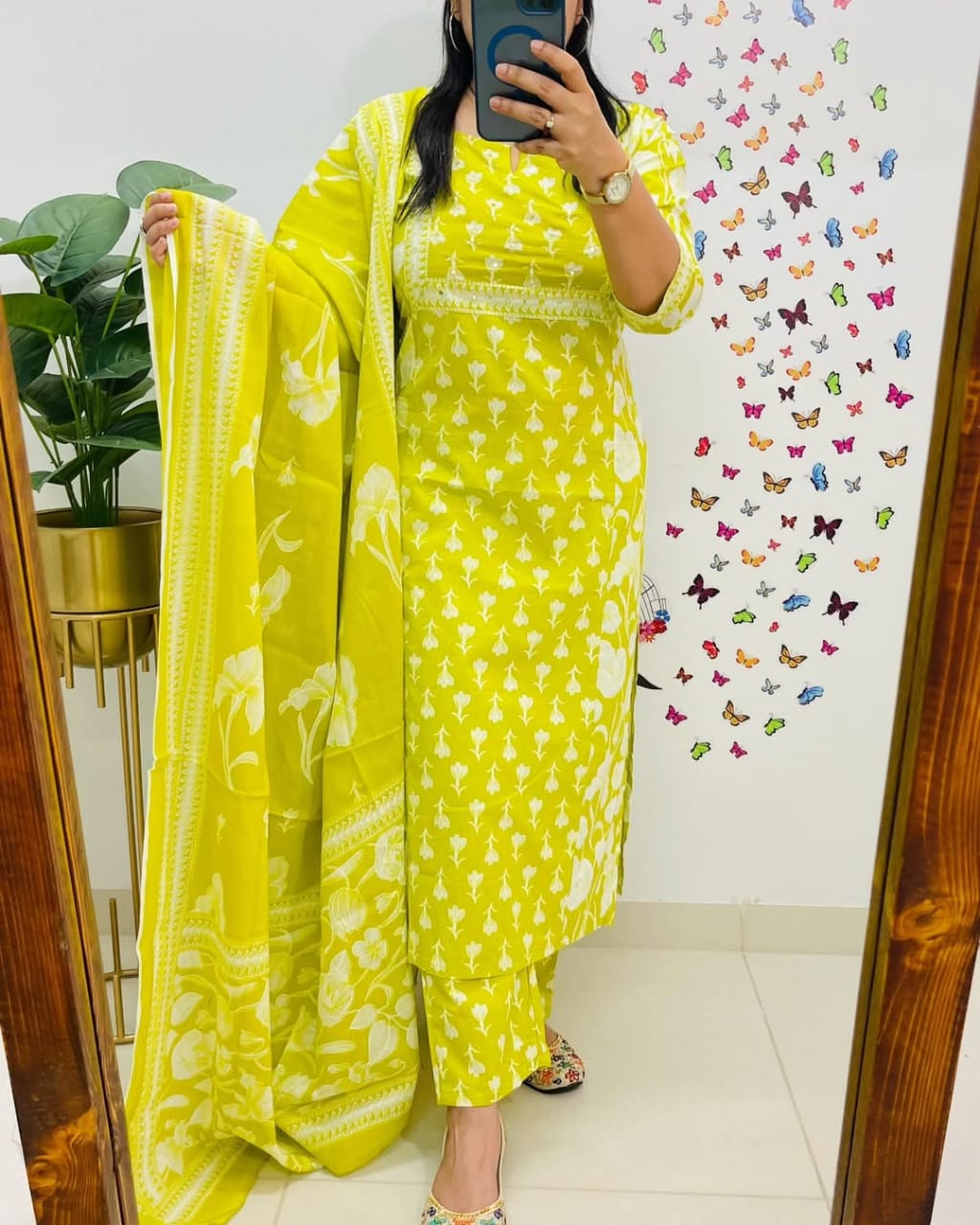 Lime Yellow Handblock Printed Kurta Set with Dupatta for Women