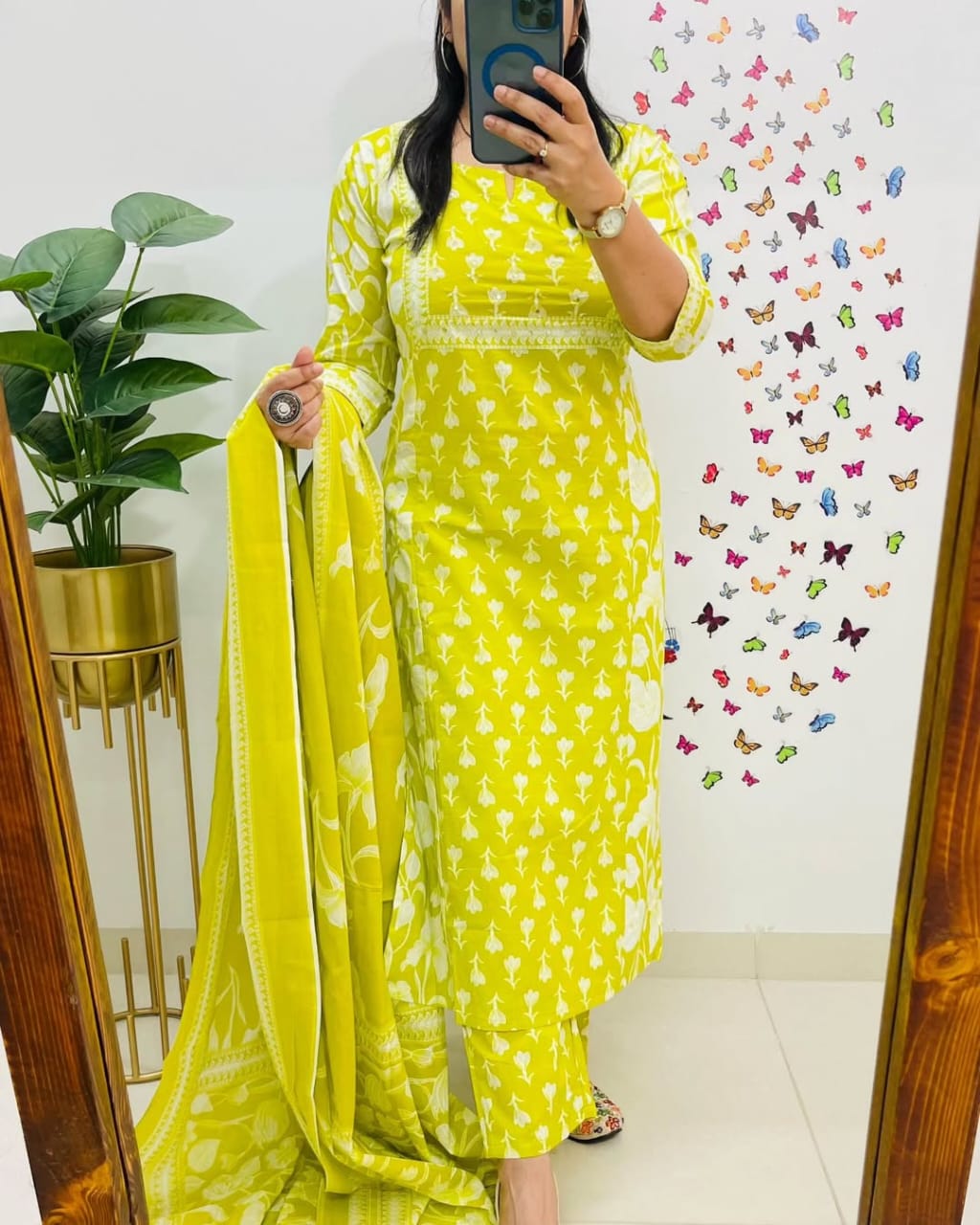 Lime Yellow Handblock Printed Kurta Set with Dupatta for Women