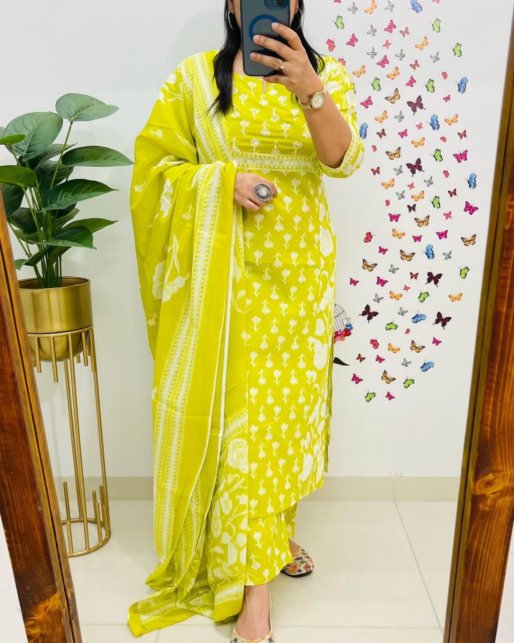 Lime Yellow Handblock Printed Kurta Set with Dupatta for Women