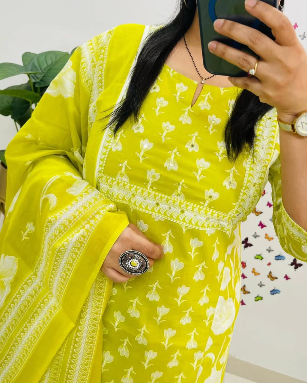 Lime Yellow Handblock Printed Kurta Set with Dupatta for Women