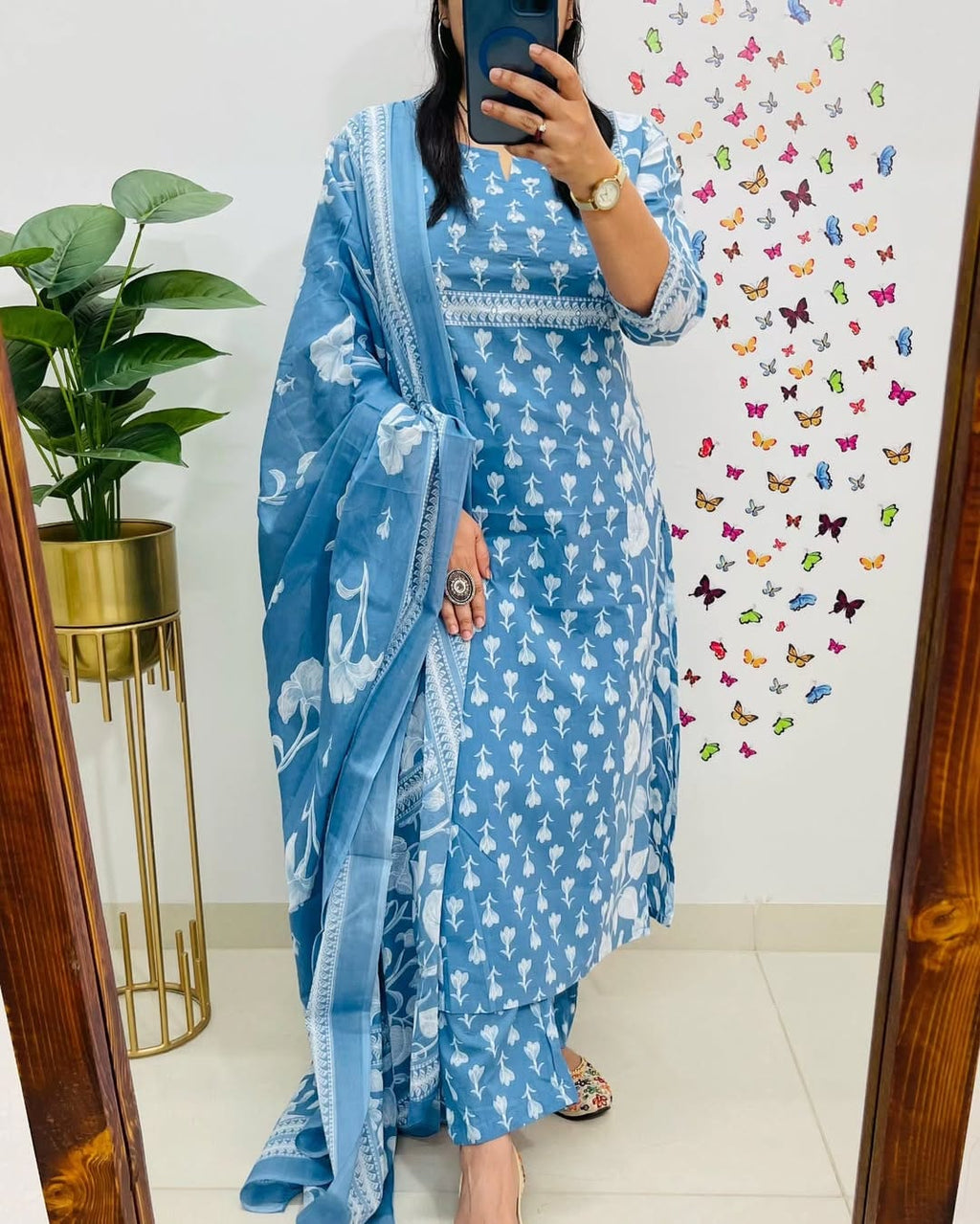 Powder Blue Handblock Printed Kurta Set with Dupatta for Women
