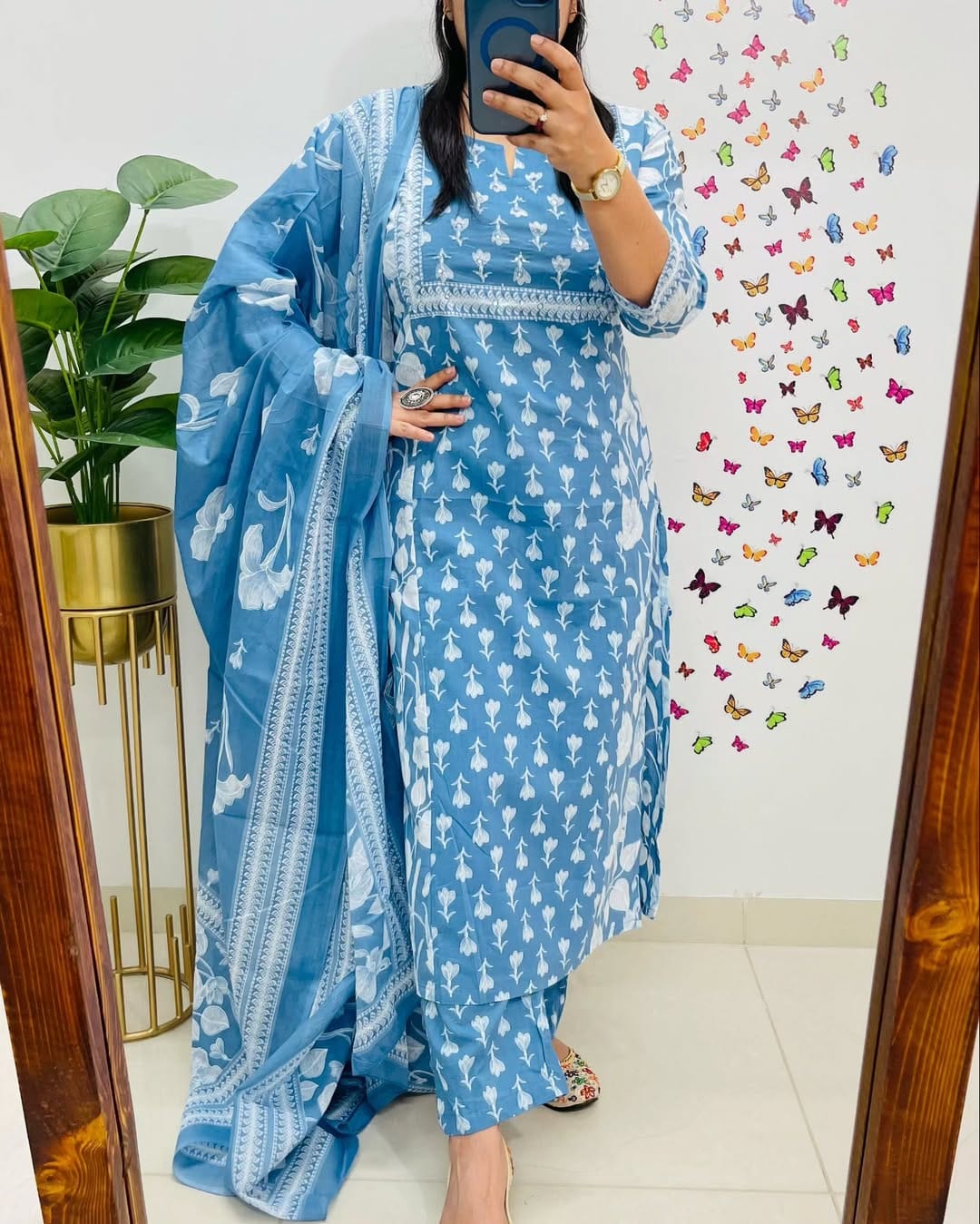 Powder Blue Handblock Printed Kurta Set with Dupatta for Women