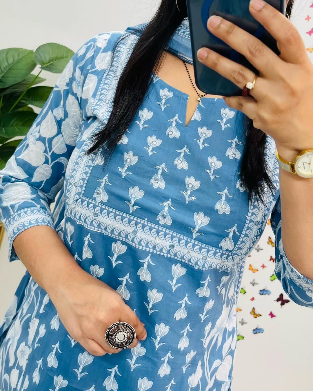 Powder Blue Handblock Printed Kurta Set with Dupatta for Women