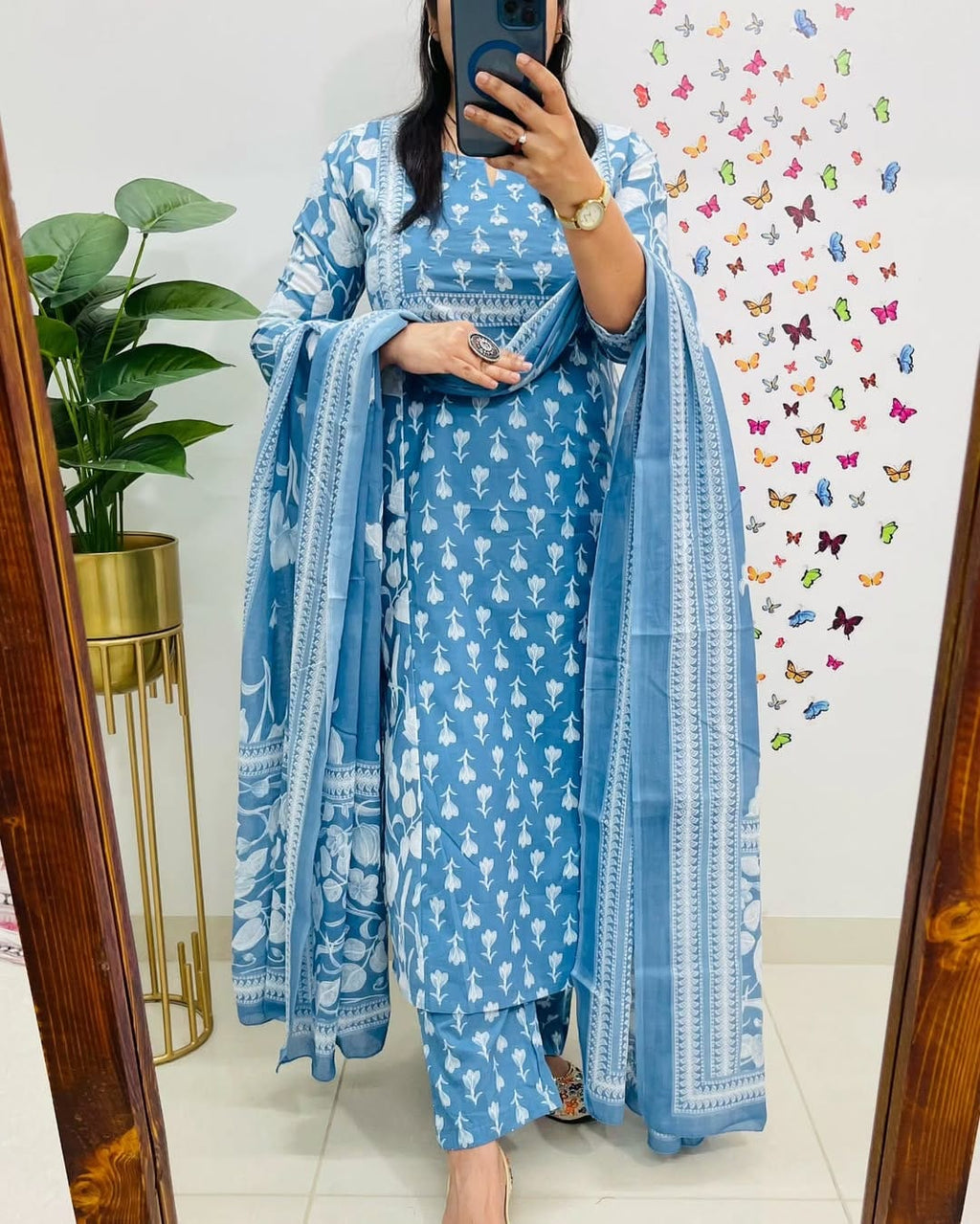 Powder Blue Handblock Printed Kurta Set with Dupatta for Women