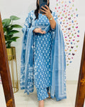 Powder Blue Handblock Printed Kurta Set with Dupatta for Women