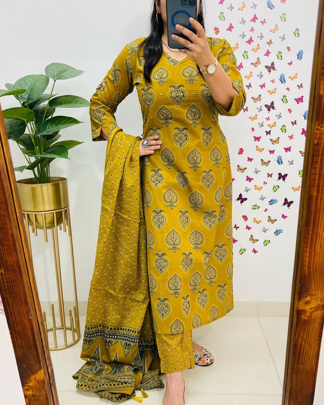 Mustard Yellow Ethnic Print Cotton Straight Kurta Suit with Dupatta