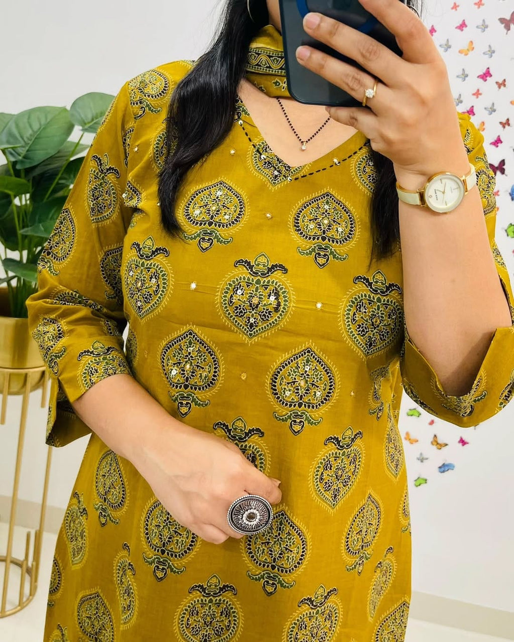 Mustard Yellow Ethnic Print Cotton Straight Kurta Suit with Dupatta