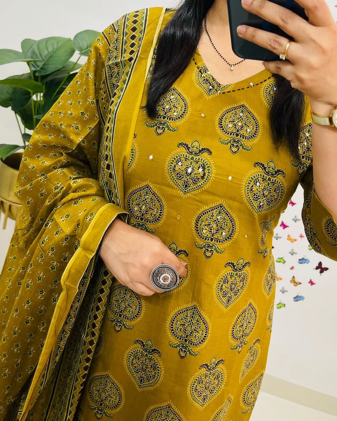 Mustard Yellow Ethnic Print Cotton Straight Kurta Suit with Dupatta