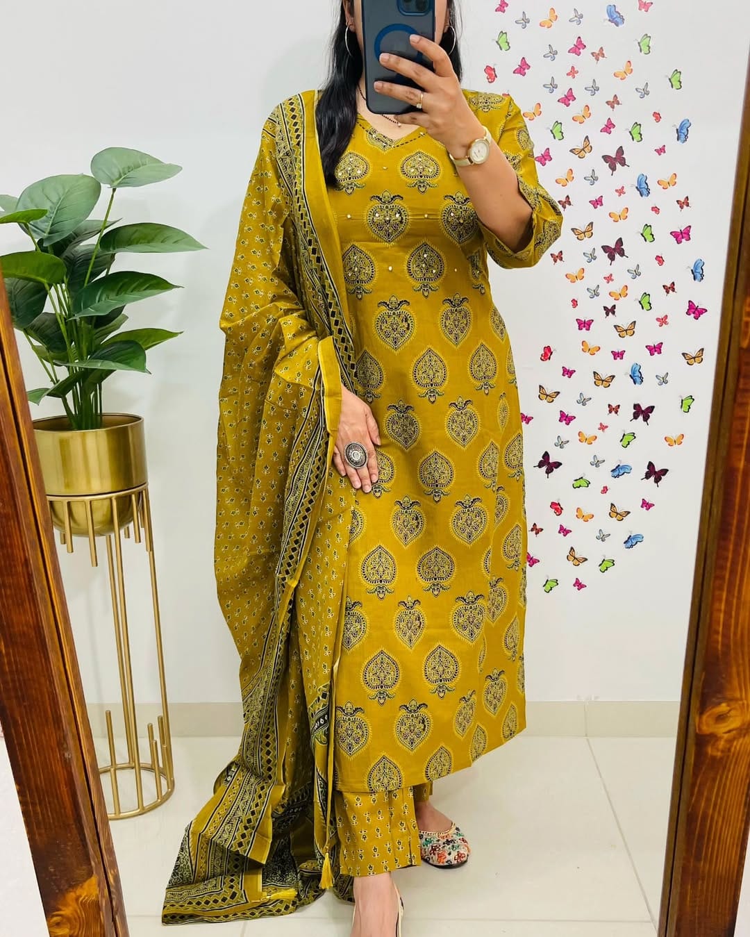 Mustard Yellow Ethnic Print Cotton Straight Kurta Suit with Dupatta