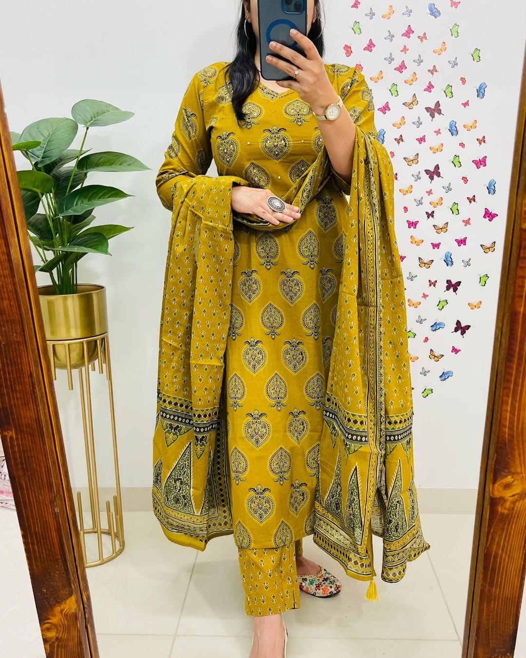 Mustard Yellow Ethnic Print Cotton Straight Kurta Suit with Dupatta