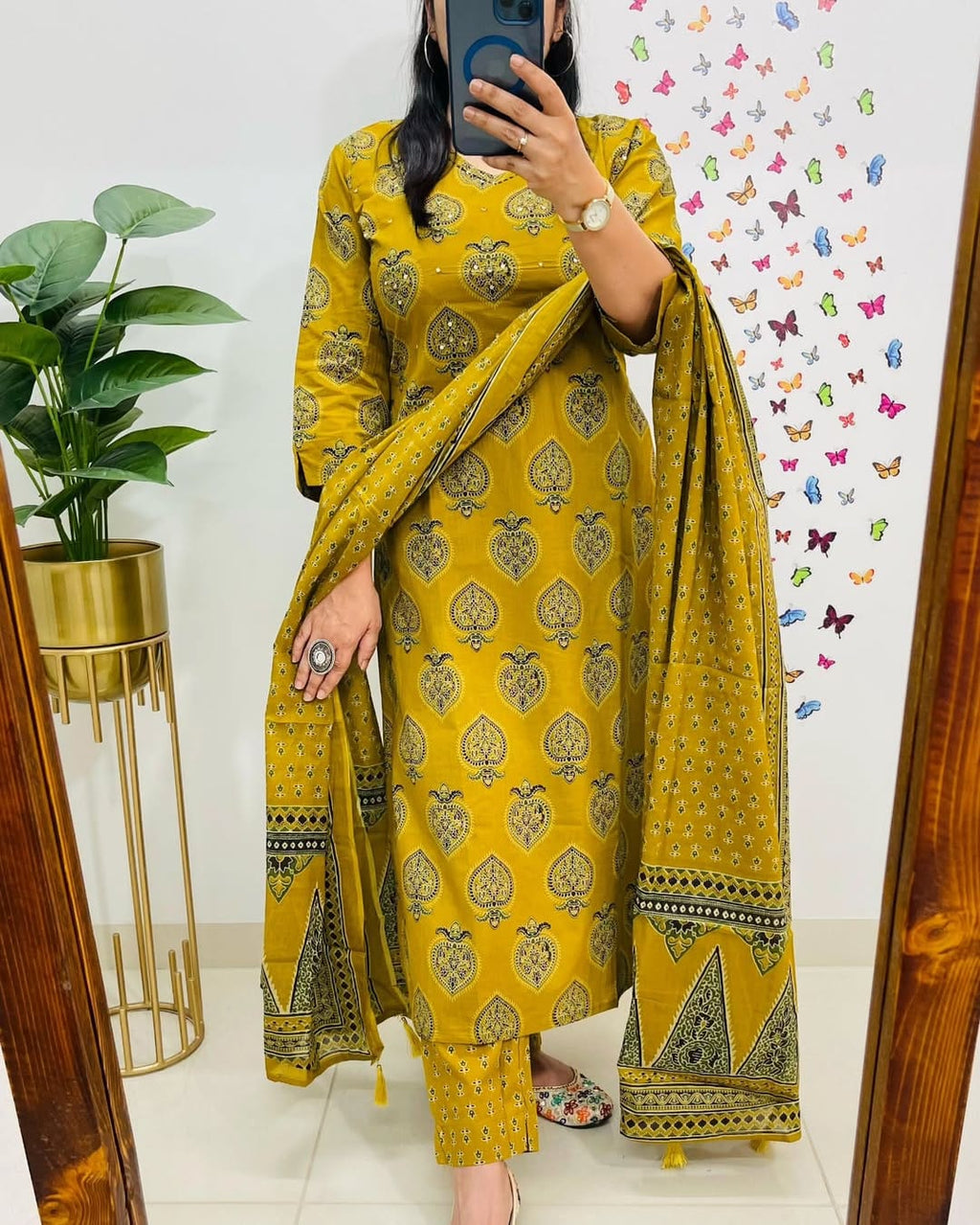 Mustard Yellow Ethnic Print Cotton Straight Kurta Suit with Dupatta