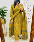Mustard Yellow Ethnic Print Cotton Straight Kurta Suit with Dupatta