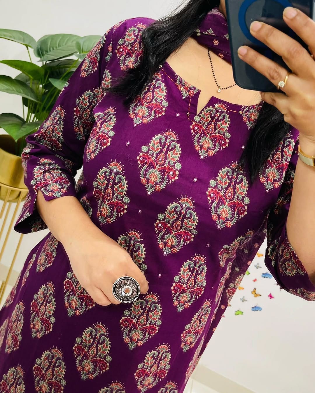Royal Purple Printed Straight Kurta Set with Dupatta for Women