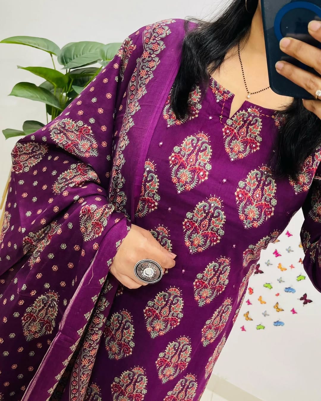 Royal Purple Printed Straight Kurta Set with Dupatta for Women