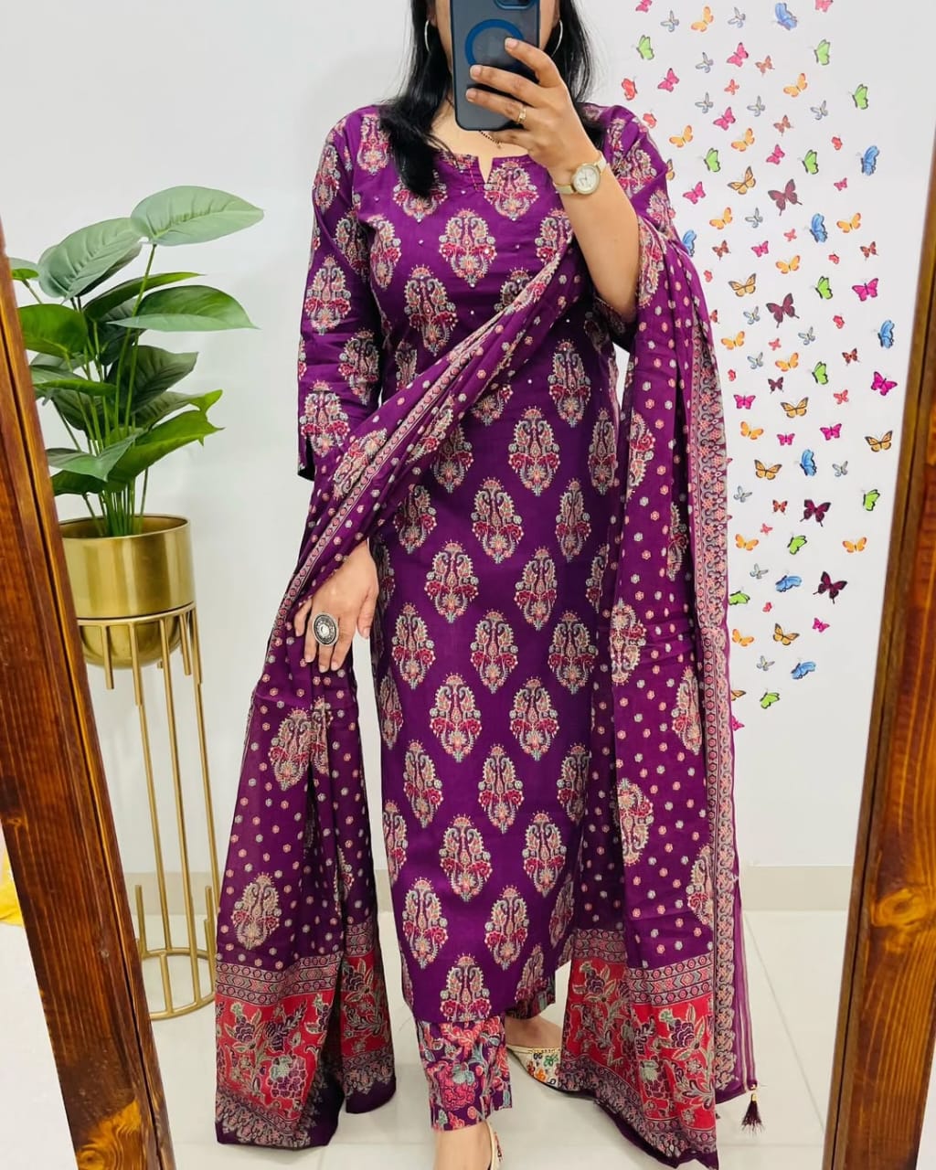 Royal Purple Printed Straight Kurta Set with Dupatta for Women