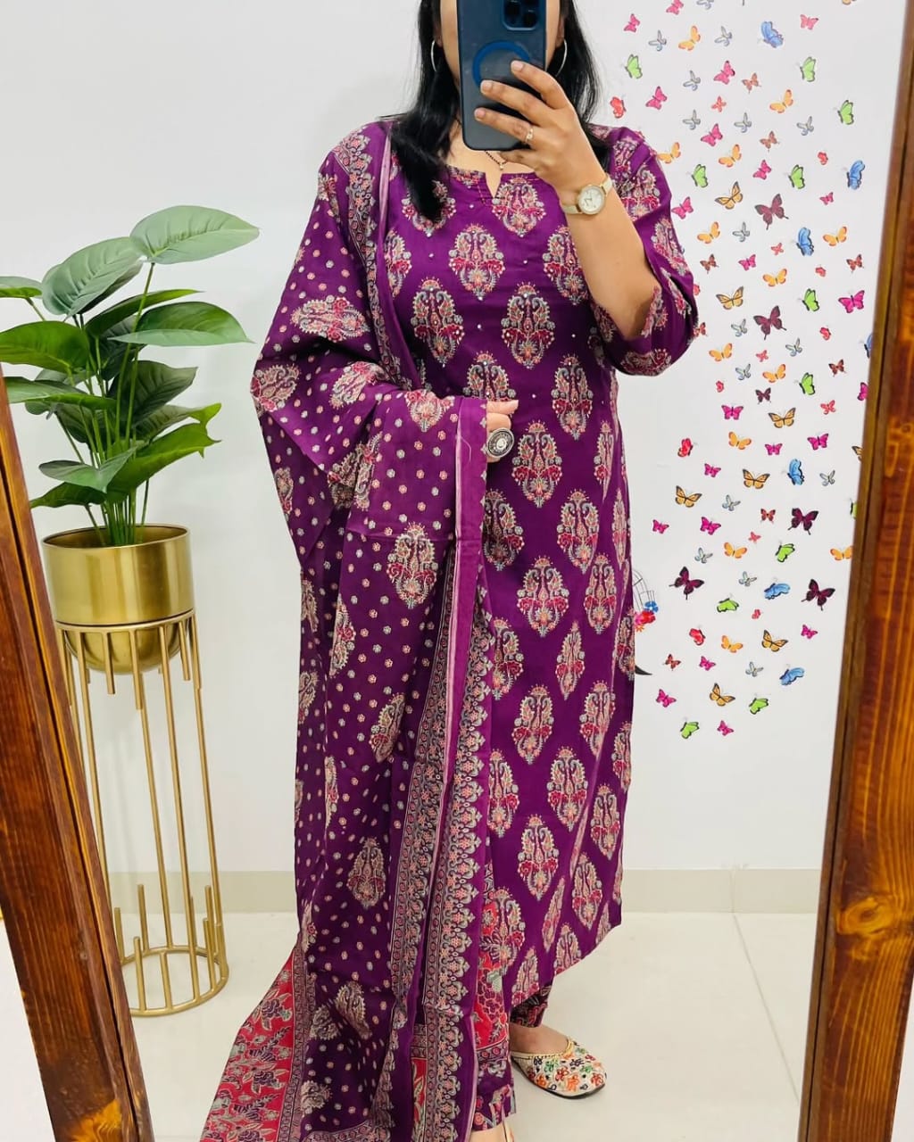 Royal Purple Printed Straight Kurta Set with Dupatta for Women