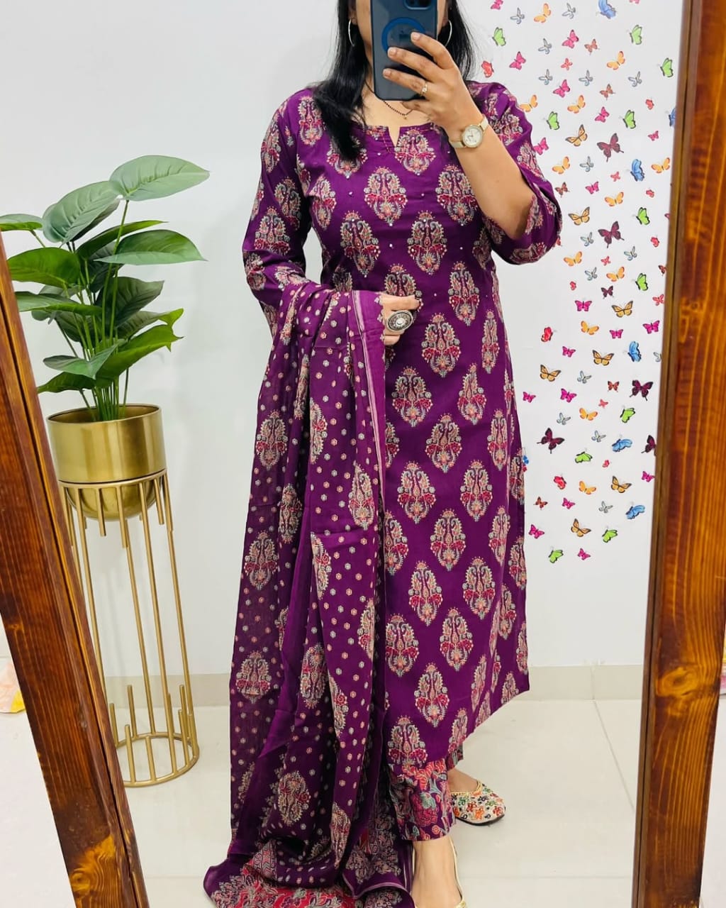 Royal Purple Printed Straight Kurta Set with Dupatta for Women