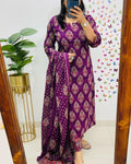 Royal Purple Printed Straight Kurta Set with Dupatta for Women