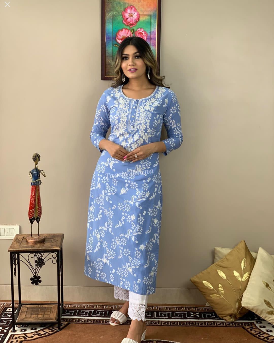 Powder Blue Floral Printed Straight Kurta with Pant for Women