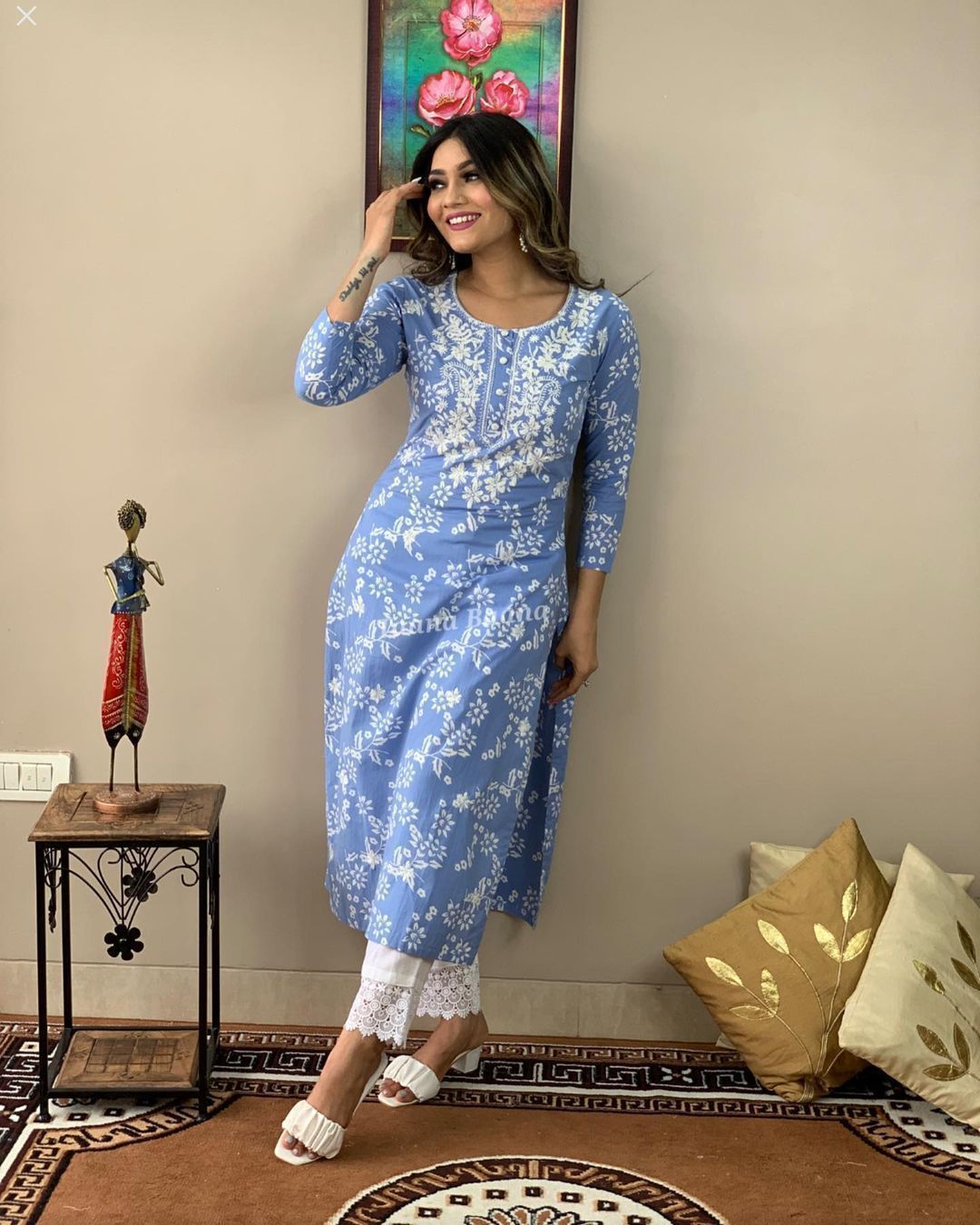 Powder Blue Floral Printed Straight Kurta with Pant for Women