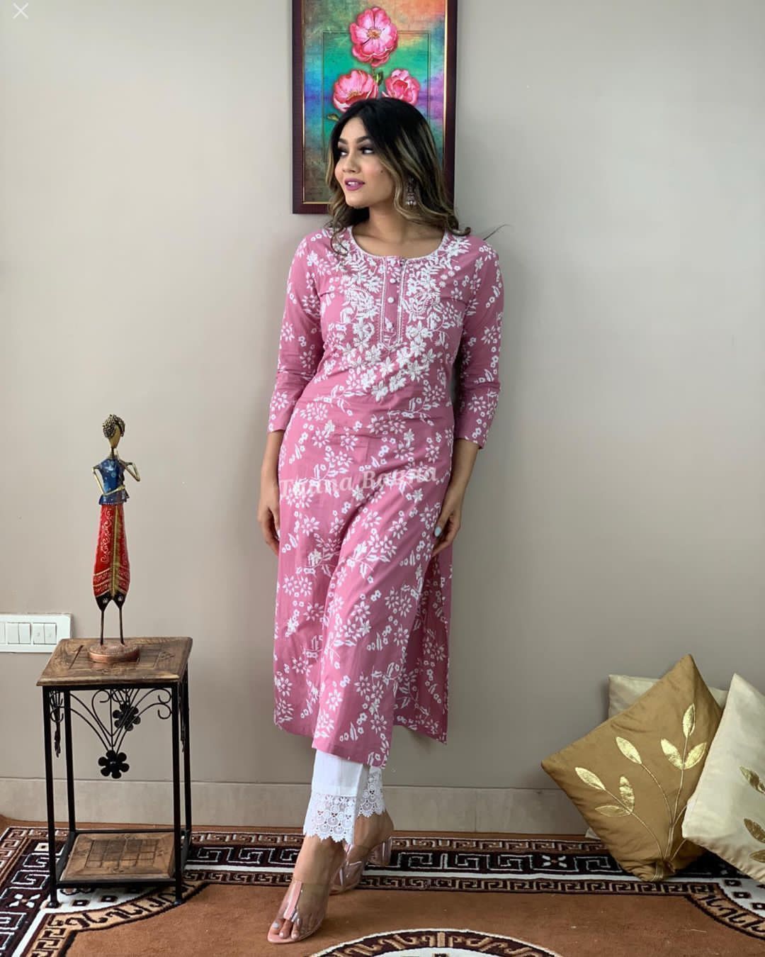 Pink Floral Printed Cotton Kurta Pant Set for Women