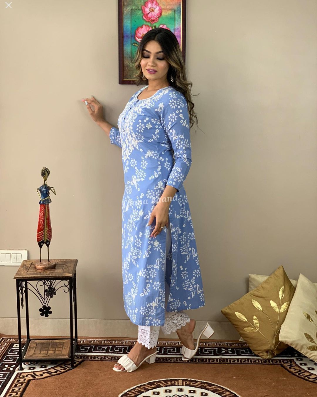 Powder Blue Floral Printed Straight Kurta with Pant for Women