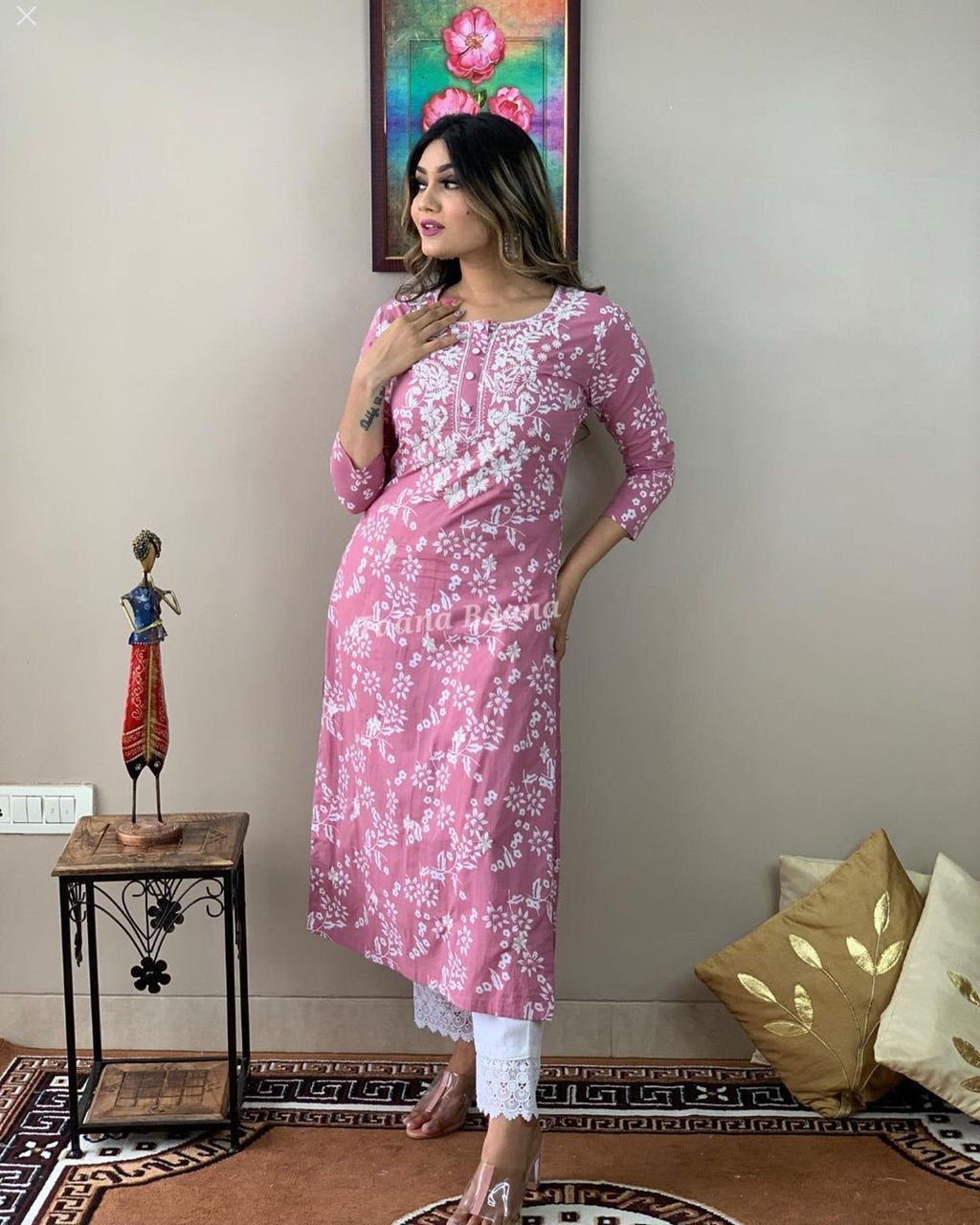 Pink Floral Printed Cotton Kurta Pant Set for Women