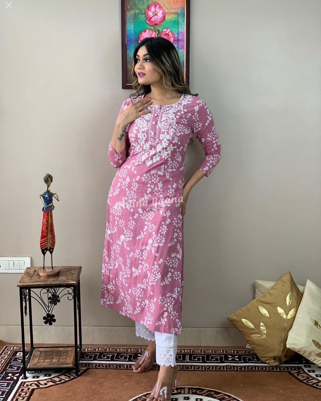 Pink Floral Printed Cotton Kurta Pant Set for Women