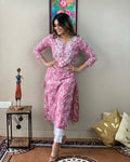 Pink Floral Printed Cotton Kurta Pant Set for Women