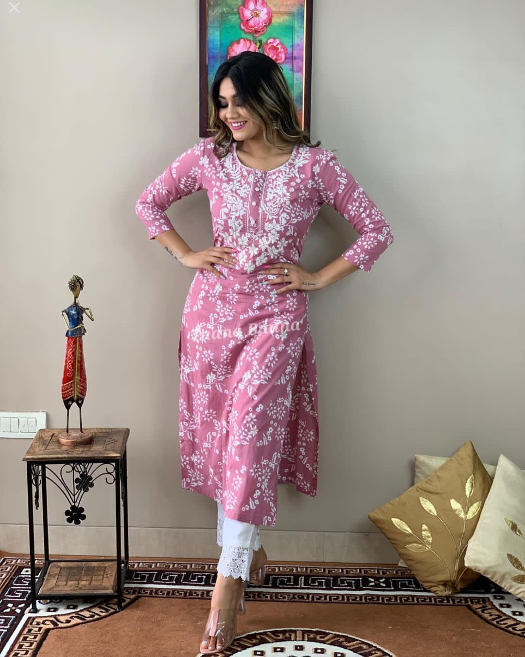 Pink Floral Printed Cotton Kurta Pant Set for Women