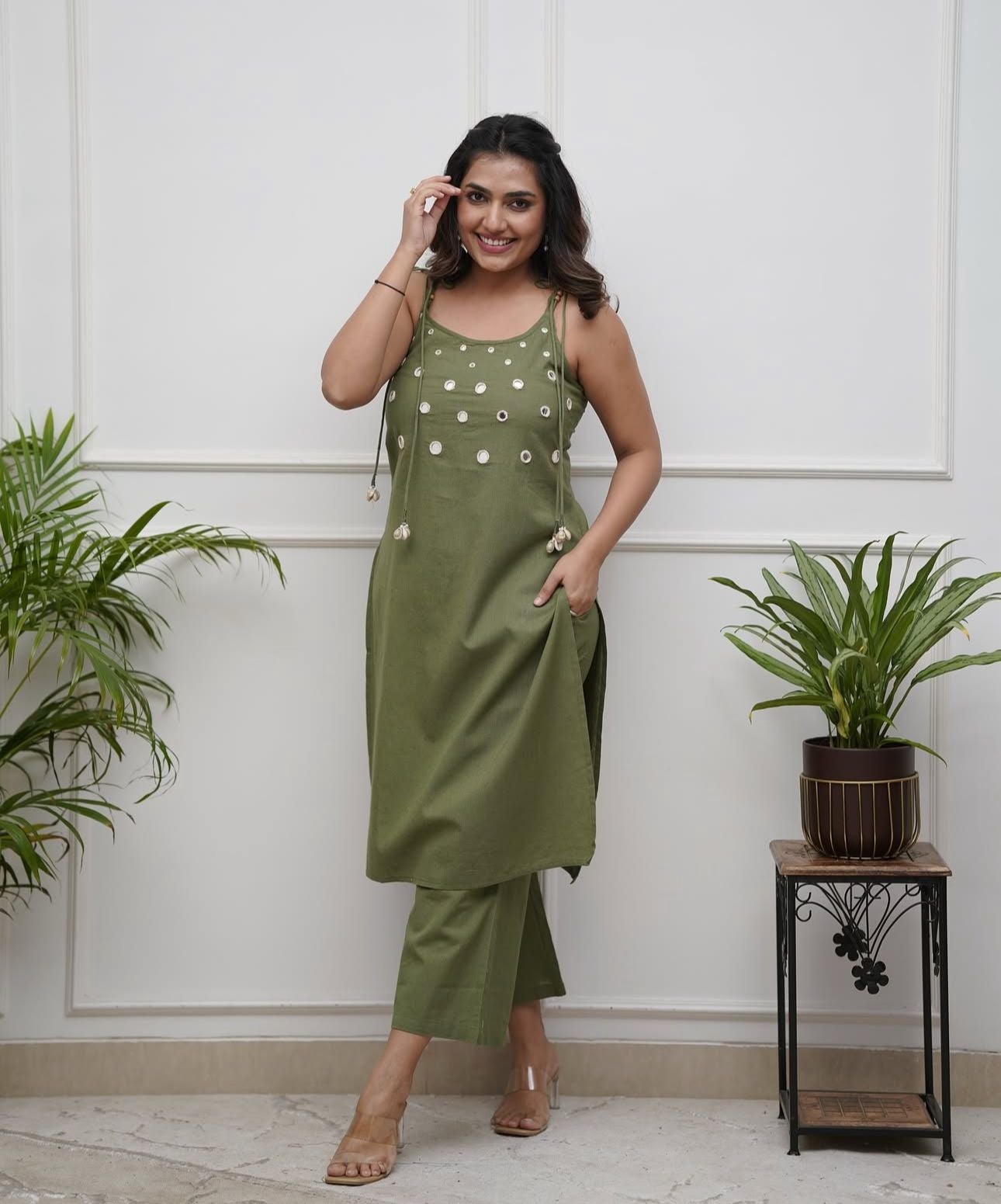 Olive Green Sleeveless Cotton Kurta Pant Set for Women