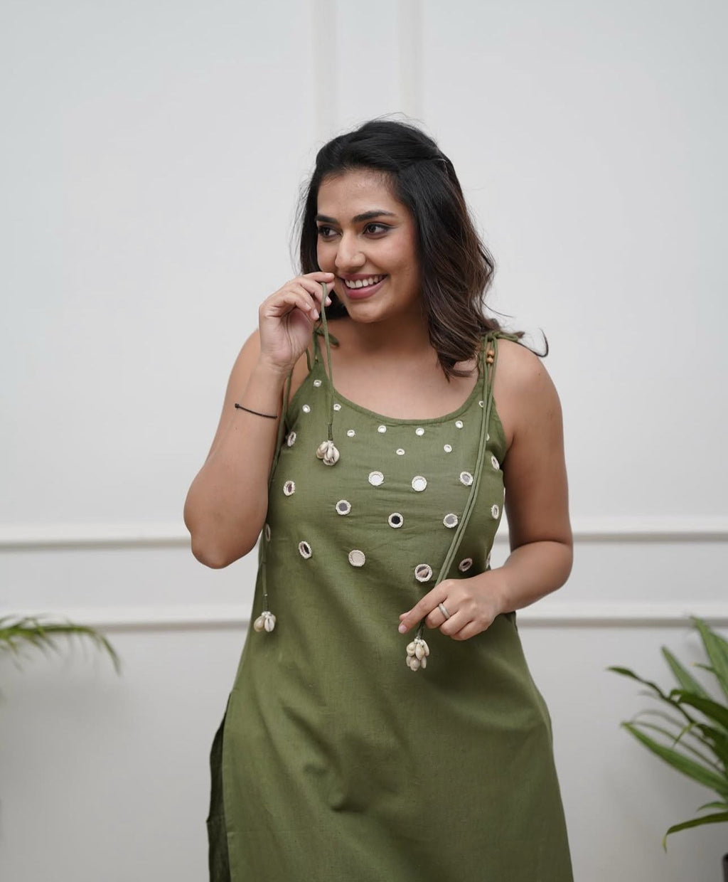 Olive Green Sleeveless Cotton Kurta Pant Set for Women