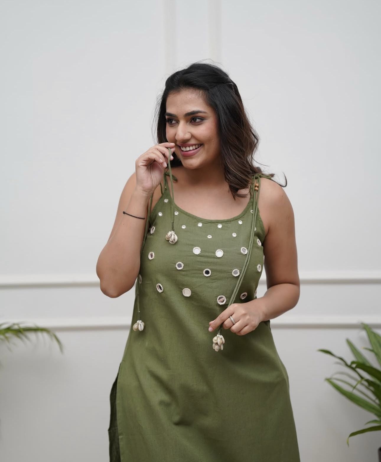 Olive Green Sleeveless Cotton Kurta Pant Set for Women