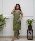 Olive Green Sleeveless Cotton Kurta Pant Set for Women